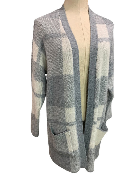 XS American Eagle Womens Open Cardigan Sweater Long Pockets Gray Plaid Wool Blend