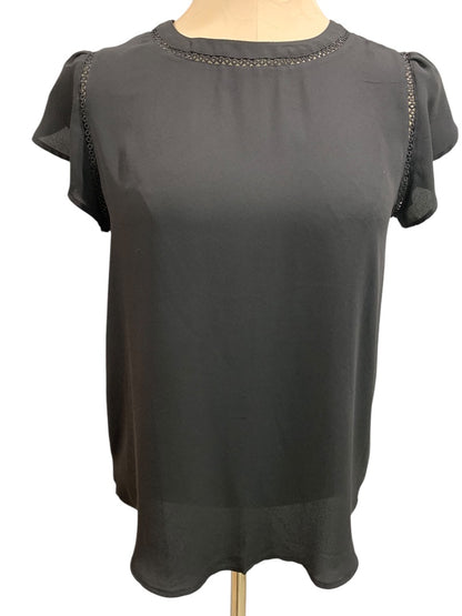 XS Loft Womens Black Short Sleeve Blouse Slightly Sheer Button Back