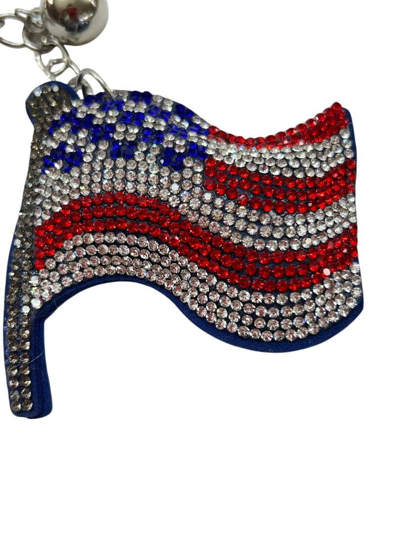 Puffy American Flag Rhinestone Keychain Key Ring 2.5 Inch