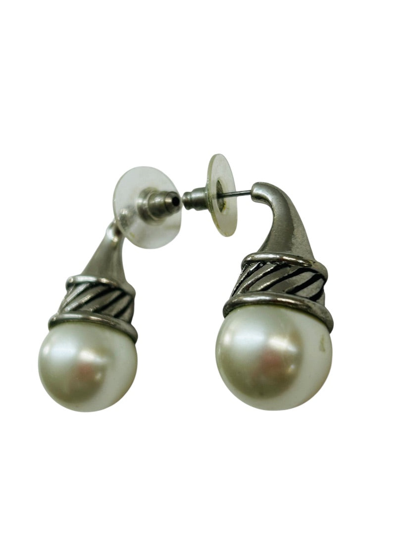 Faux Pearl and Silvertone Post Pierced Earrings 1.25 Inch Drop