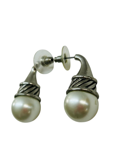 Faux Pearl and Silvertone Post Pierced Earrings 1.25 Inch Drop