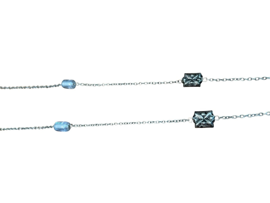 Small Blue Bead and Silvertone Bead Chain Adjustable Necklace 57 Inch