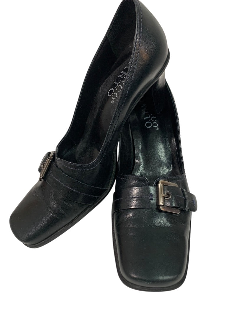 Size 7.5M Franco Sarto Womens Black Leather Shoes Square Toe 3" Heel