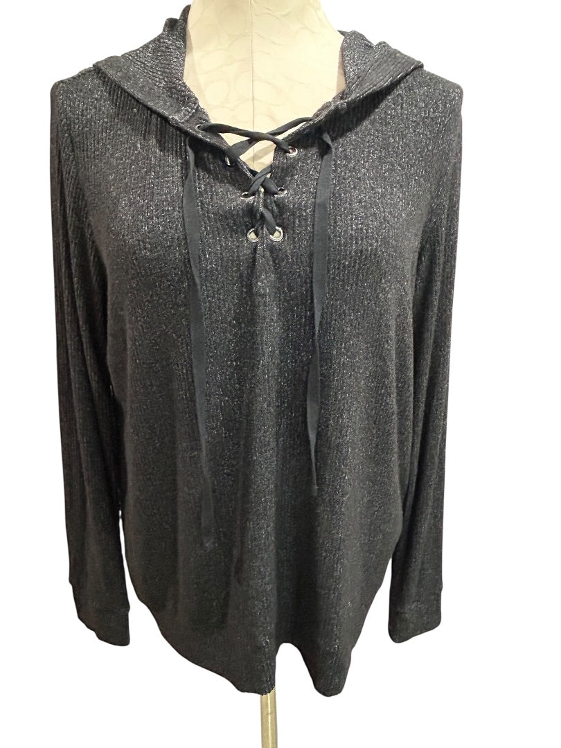 Large Market & Spruce Pullover Hoodie Soft Knit Lace Up Neckline Charcoal