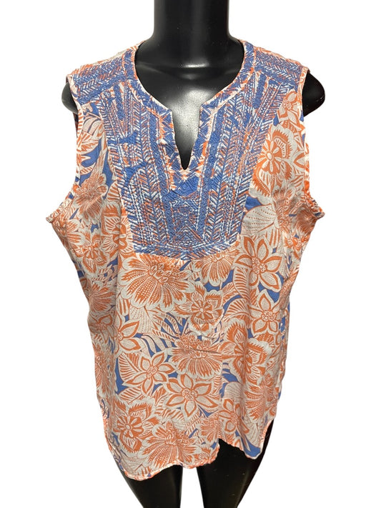 XL Talbots Floral Embroidered Cotton Sleeveless Shirt Boho Pullover