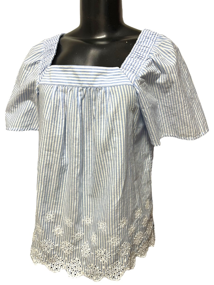 XS Loft Womens Flowy Blouse Shirt Striped Embroidered Blue White