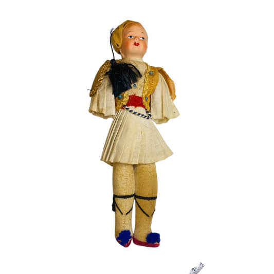 Vintage Folk Art Doll 1940s Man Boy Greek 9" Papier Mache