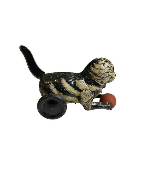 1930s Marx Tin Toy Friction Lever Cat with Wooden Ball 8" Length