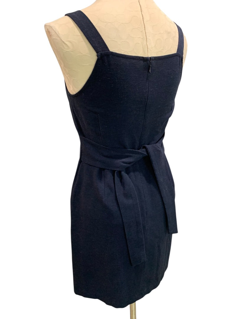 Size 4P Loft Navy Blue Belted Dress Sleeveless Back Zip Linen Blend