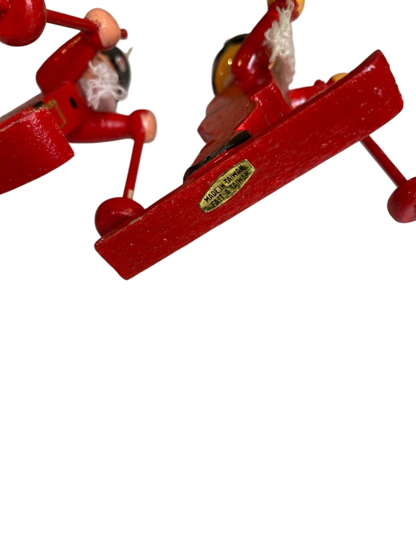 Vintage Wooden Christmas Holiday Ornaments Skiers 3.5" Red
