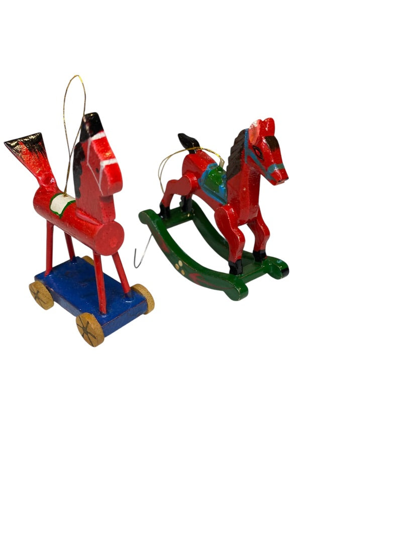 Vintage Wooden Christmas Holiday Ornaments Rocking Horses 3"