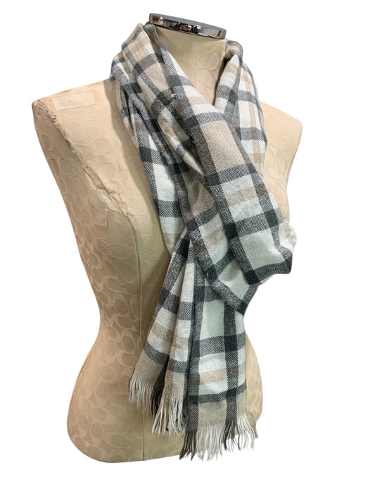 Loft Womens Plaid Winter Scarf Soft Gray Tan Fringed 43" x 9.5"