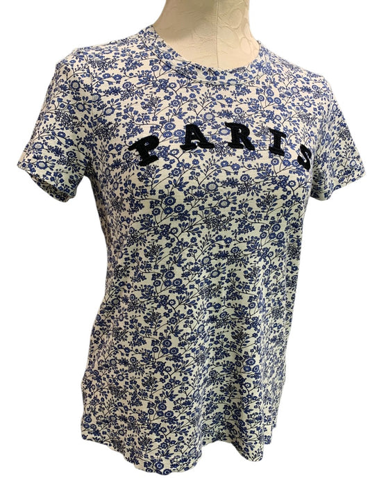 XS Loft Womens Tshirt Floral Embroidered Paris Blue