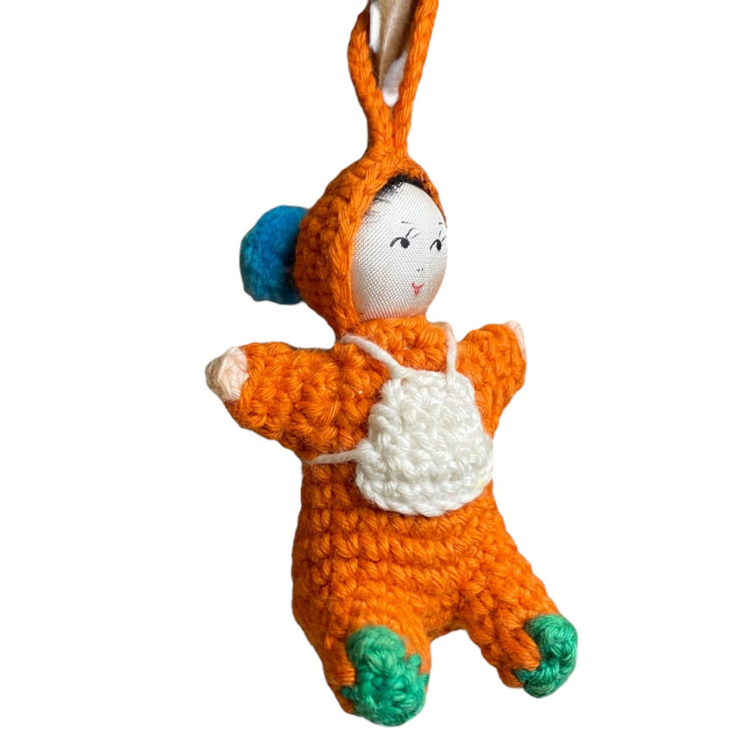 Vintage Amigurumi Japanese Crochet Baby Doll 2" Silk Face Orange