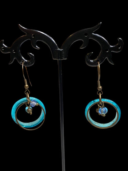 Artsy Copper Color Pierced Earrings Fishhook Teal 1.75" Drop