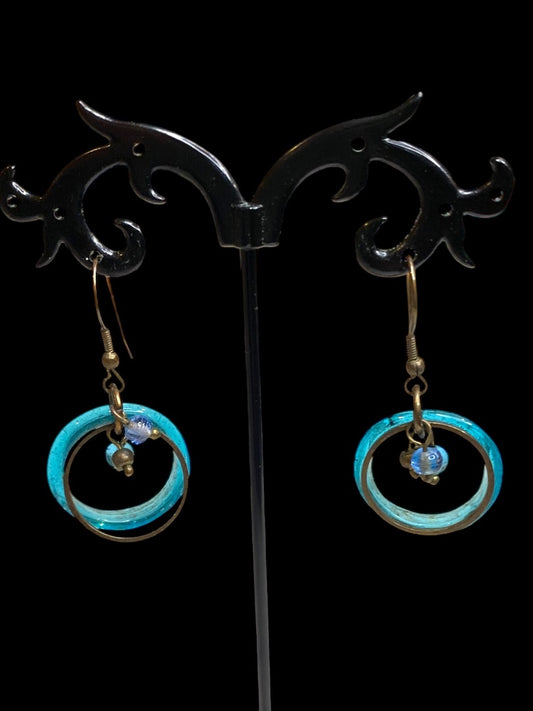 Artsy Copper Color Pierced Earrings Fishhook Teal 1.75" Drop