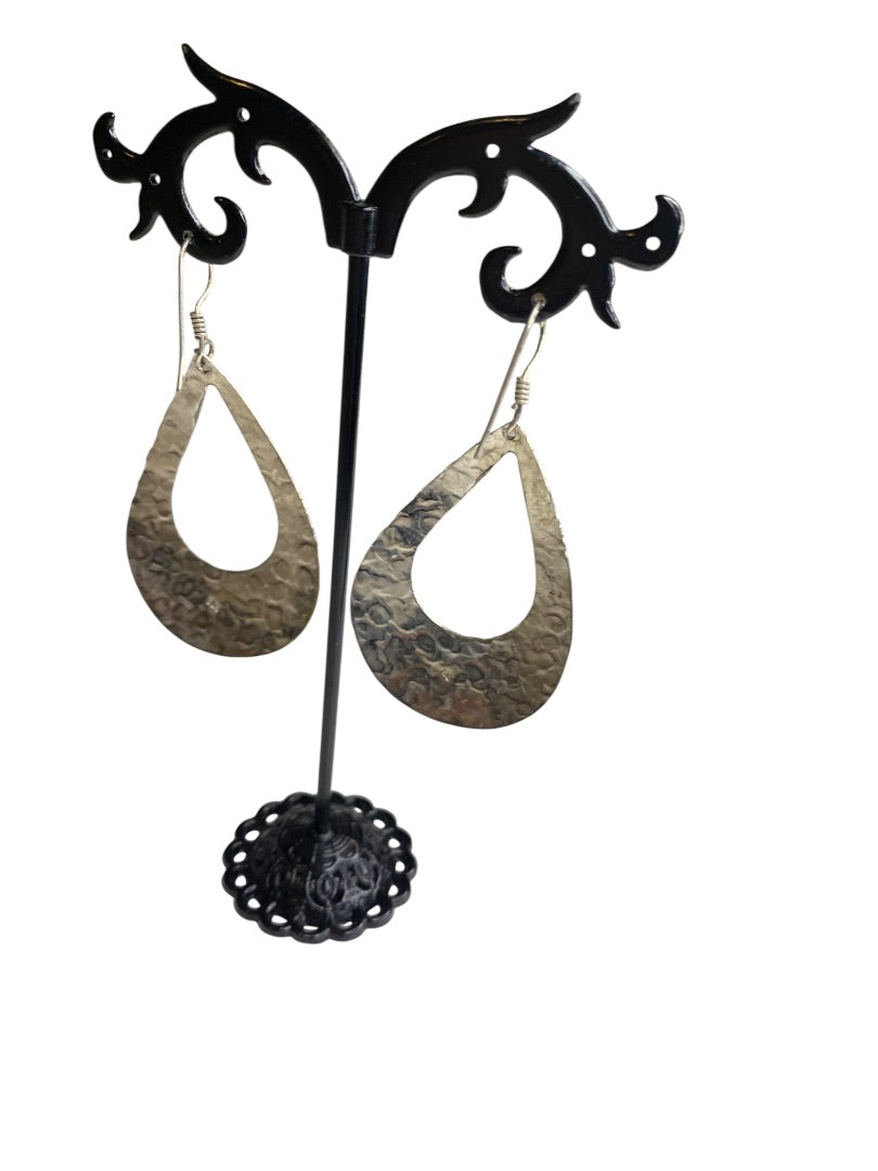 Silvertone Hammered Pierced Fishhook Earrings Lightweight 2" Drop