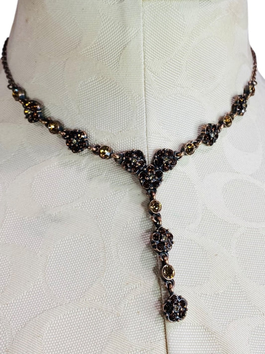 2028 Copper Color Rhinestone Antiqued Look Necklace 18" with 2" Drop