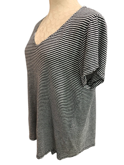 XL Eileen Fisher Womens V-Neck Linen Blend Tshirt Black White Stripe