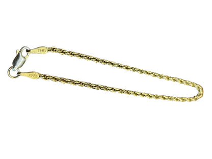 7" Gold Plated Rope Chain Bracelet Stamped 925
