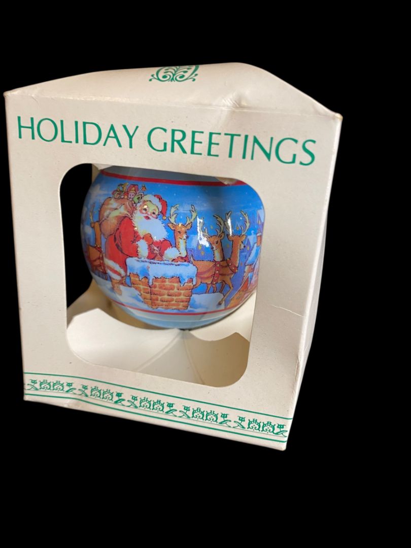 Christmas Ornament Blue Satin Spun Ball Santa Good Night Vintage