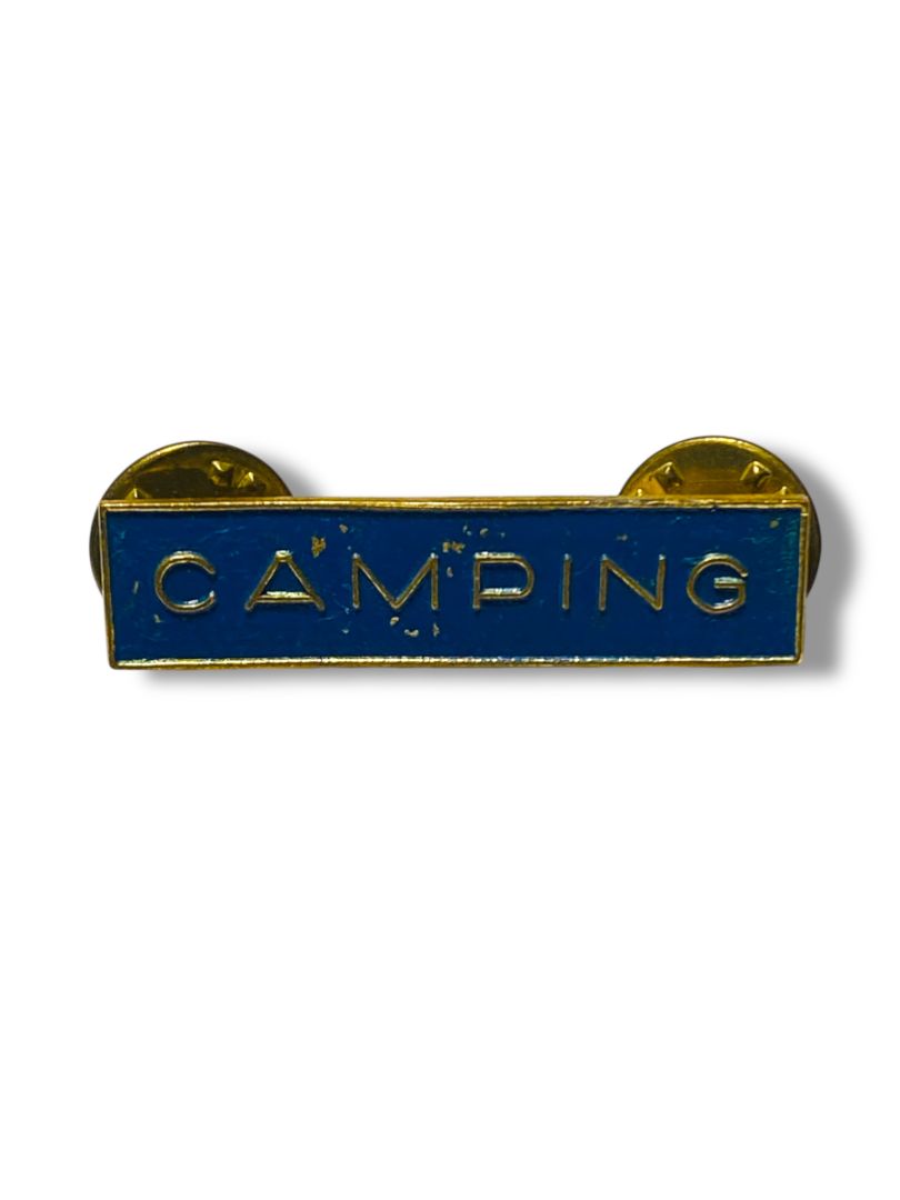 Vintage Bar Pin Camping Blue Goldtone 1.5" Double Butterfly Back