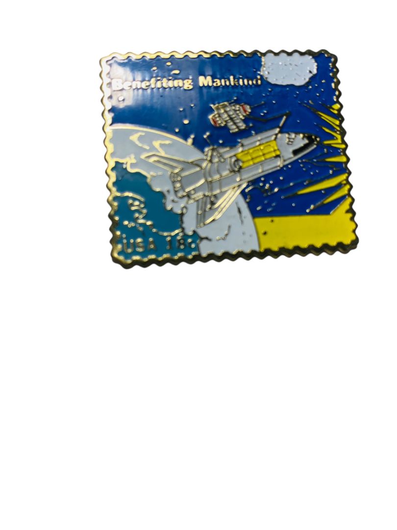 Vintage Pin Stamp Reproduction Space Shuttle Benefiting Mankind USPS 1.5"