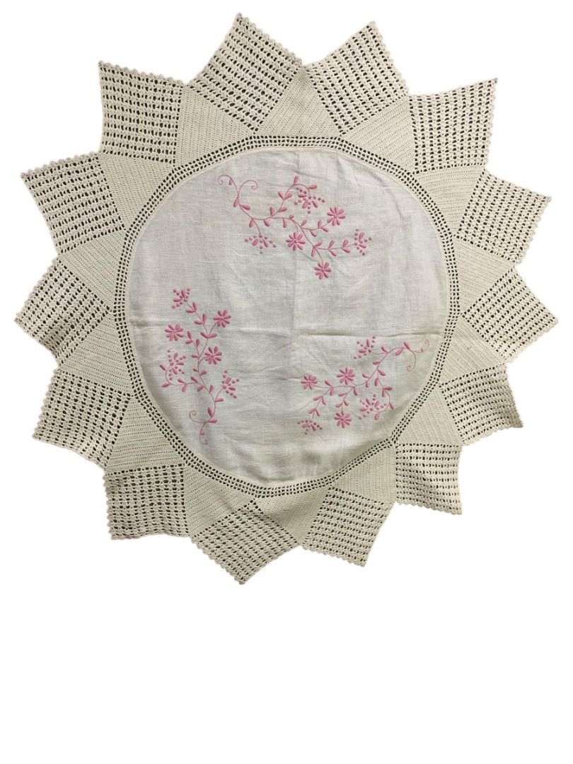Vintage 40" Round Table Cloth Pink Embroidery Knit Crochet Edging