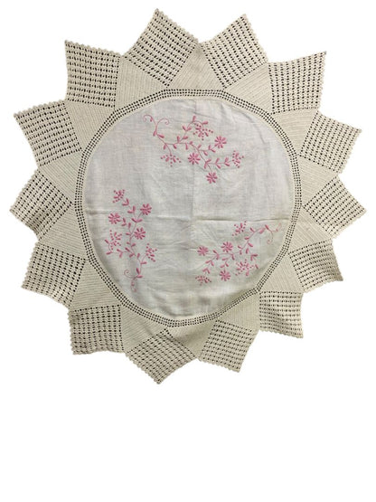 Vintage 40" Round Table Cloth Pink Embroidery Knit Crochet Edging