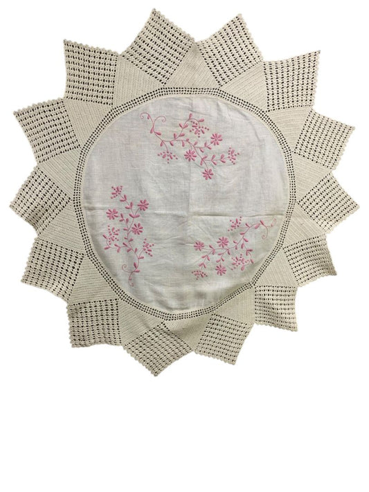 Vintage 40" Round Table Cloth Pink Embroidery Knit Crochet Edging
