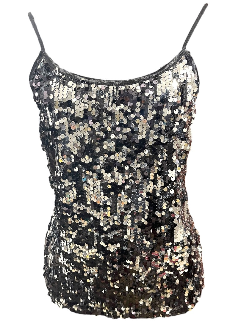 Medium Ambiance Womens Sequin Adjustable Strap Cami Black Silver