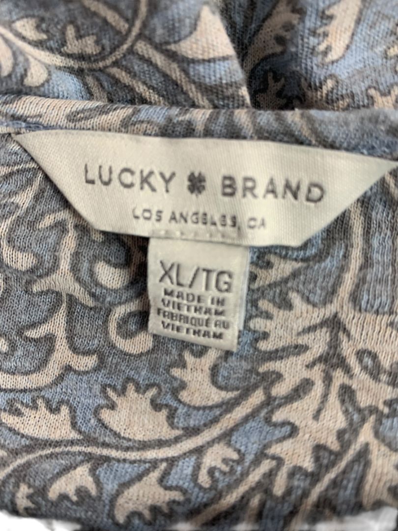 Size XL Lucky Brand Womens Knit Peasant Style Top Blue Ivory Boho