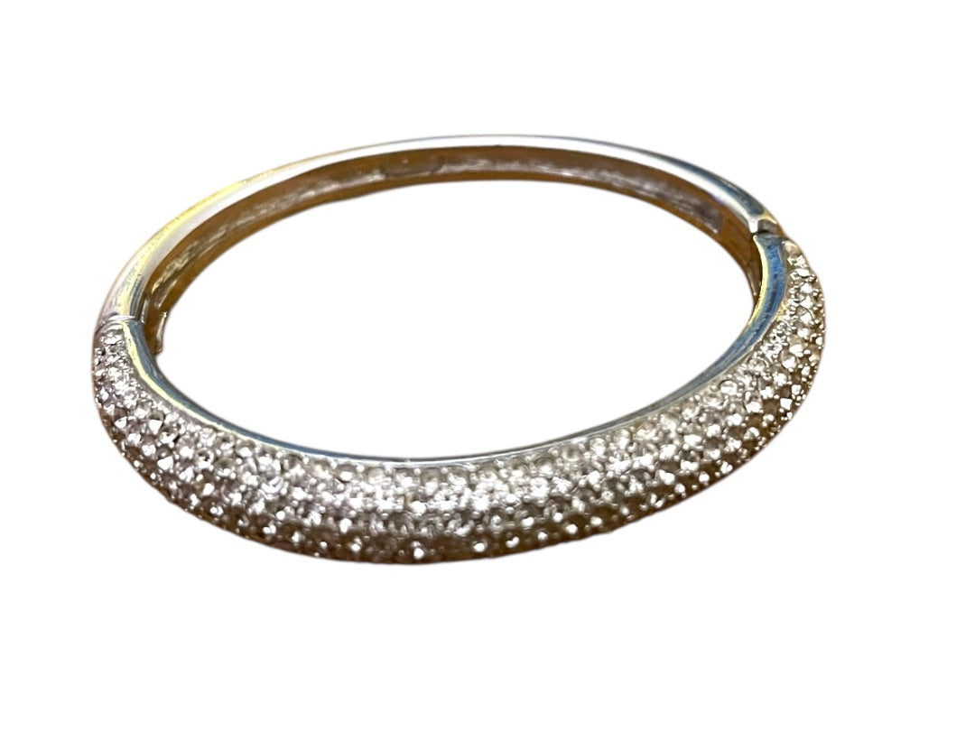 Christian Dior Silvertone Hinged Bangle Bracelet Crystal Pave Hallmarked