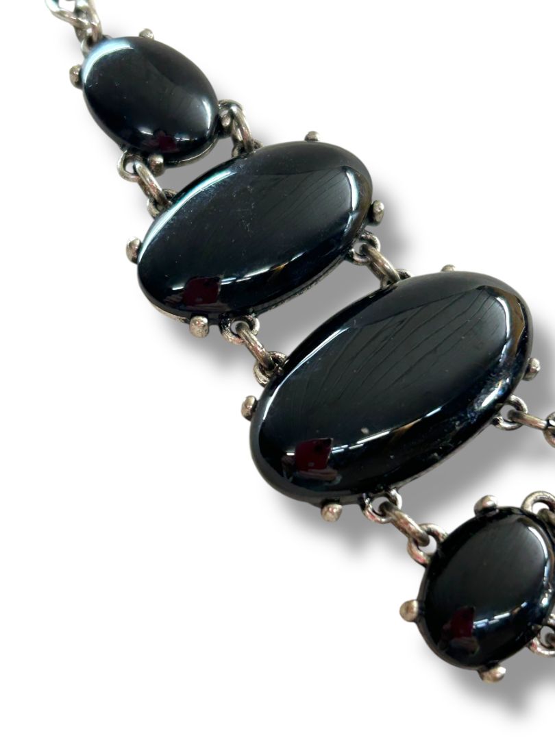 Silvertone and Black Drop Statement Necklace 18"-21"