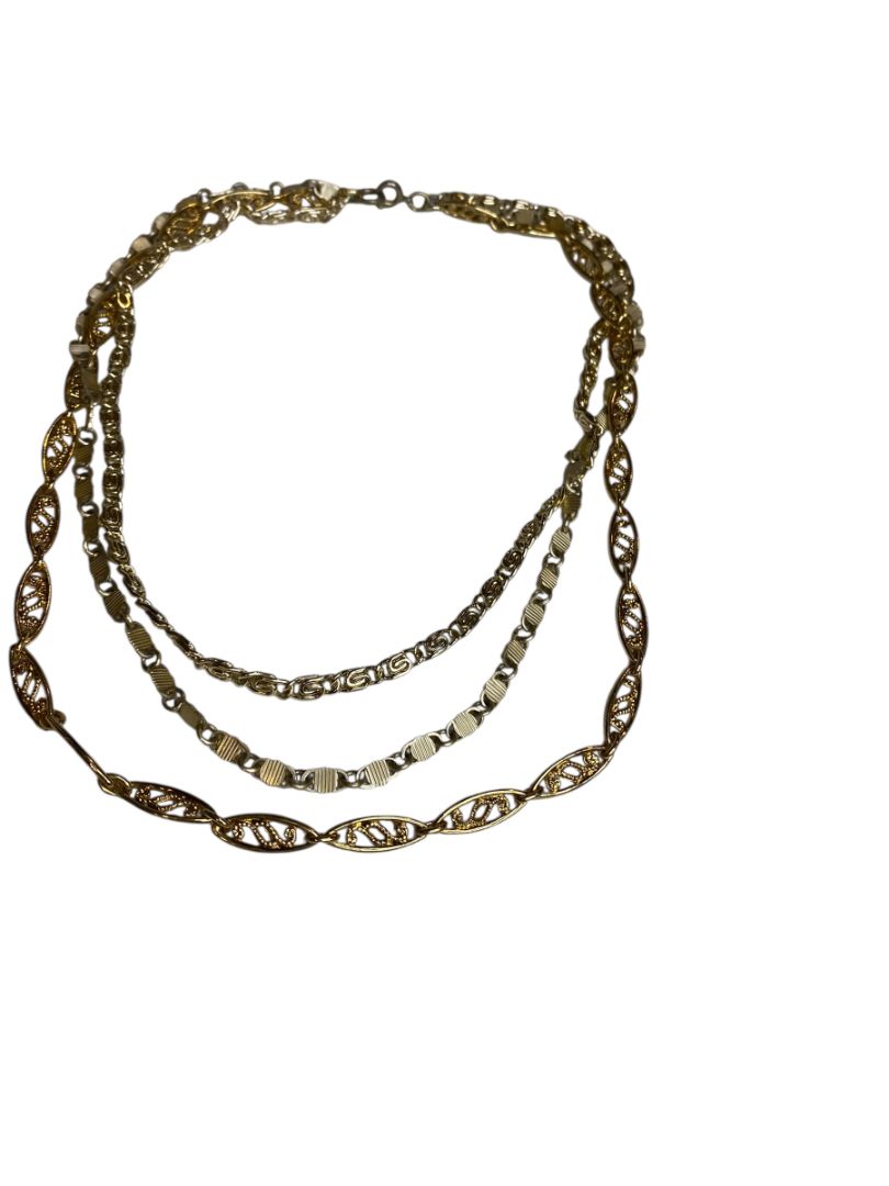 Vintage Goldtone Triple Strand Necklace Mixed Chains 17" Spring Clasp