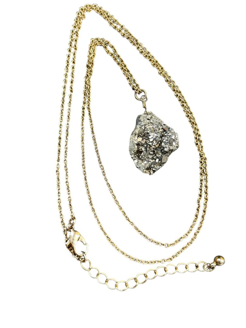 Rough Pyrite Necklace 28" Goldtone Chain 1" Stone
