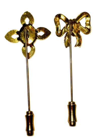 Set of 2 Stick Pins Goldtone Flower Bow Pink Cream Color 2.25"