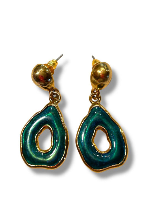 Goldtone Green Enamel Post Pierced Earrings 1.5" Drop Dangle