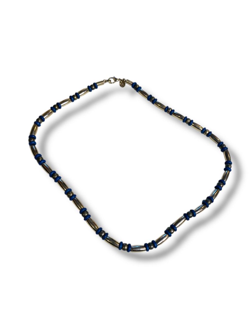Silvertone and Blue Beaded Necklace 18" Lobster Clasp