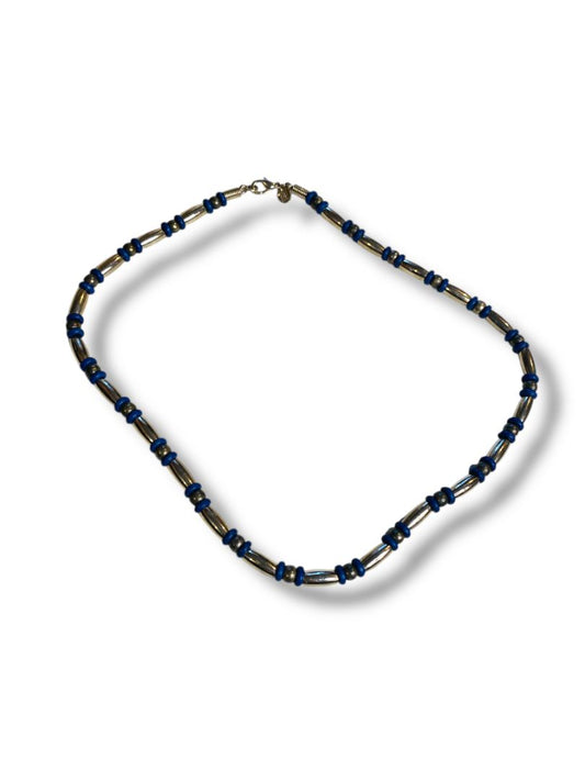 Silvertone and Blue Beaded Necklace 18" Lobster Clasp