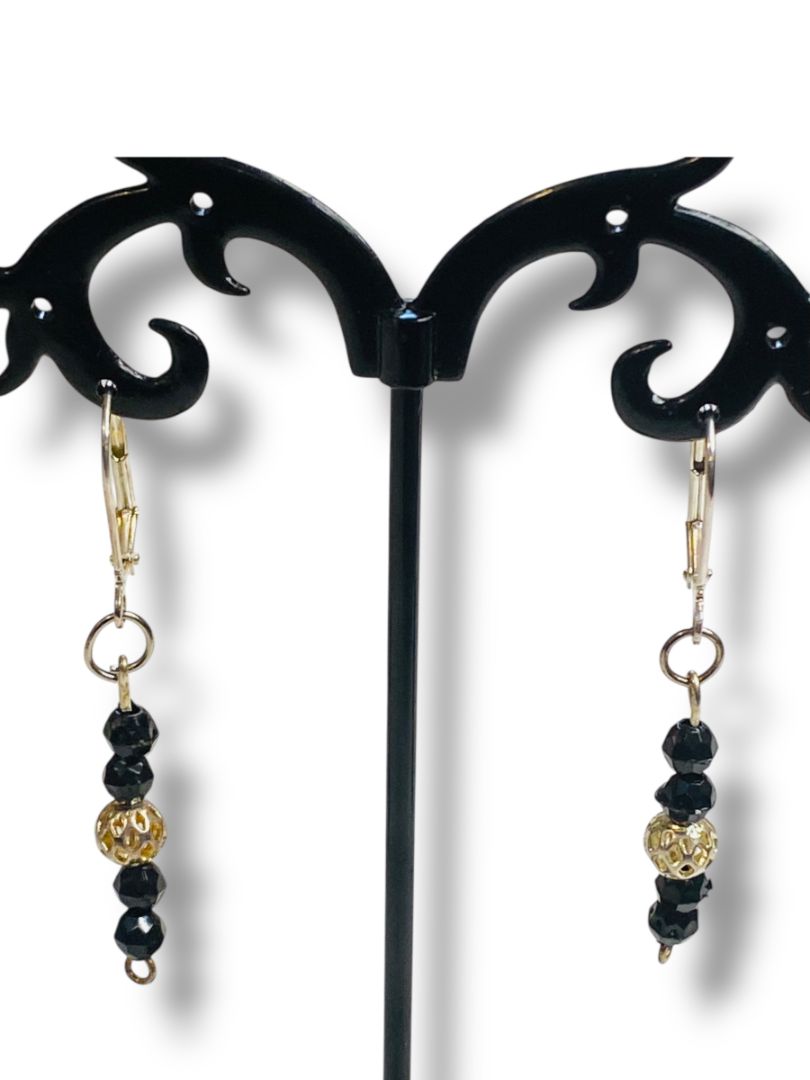 Silvertone Black Beaded Pierced Leverback Earrings 2" Drop Dangle