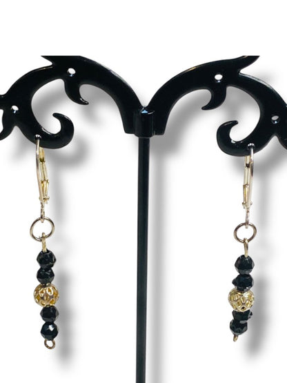 Silvertone Black Beaded Pierced Leverback Earrings 2" Drop Dangle