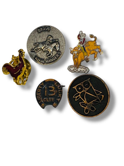 Lot of 5 Vintage Lapel Pins Rodeo Royal Rangers Owl Horseshoe