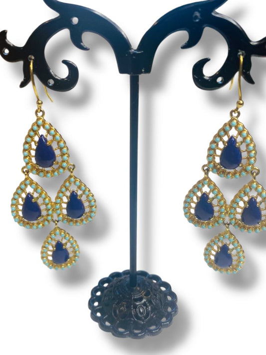 Stella and Dot Seychelles Chandelier Earrings Tiered Goldtone Blue 2.75" Drop Dangle