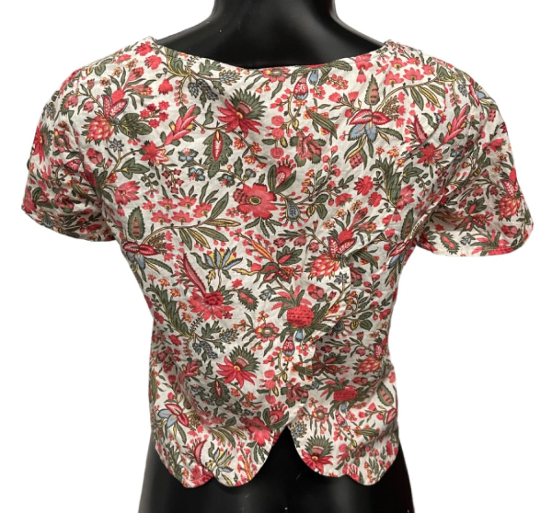 XS Madewell Floral Cotton Short Sleeve Pullover Petal Back Blouse