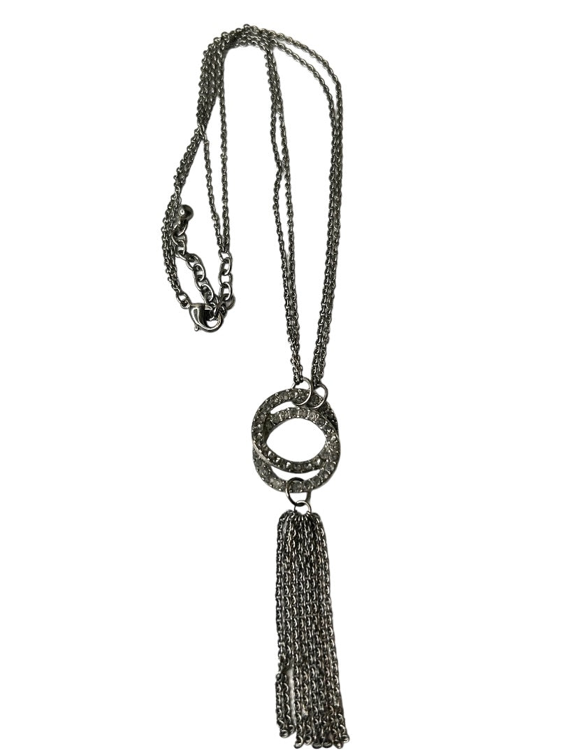 Pewter Color Dual Chain 17" Necklace with Tassel