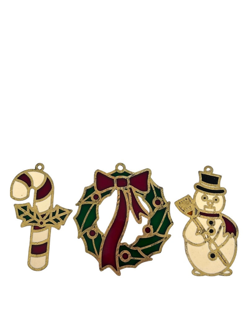 Set of 3 Stained Glass Holiday Ornaments Snowman Candy Cane Wreath