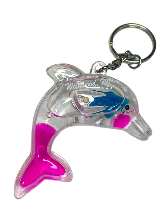 Wildwood New Jersey NJ Water Filled Clear Dolphin Souvenir Keychain Key Ring 2.5"