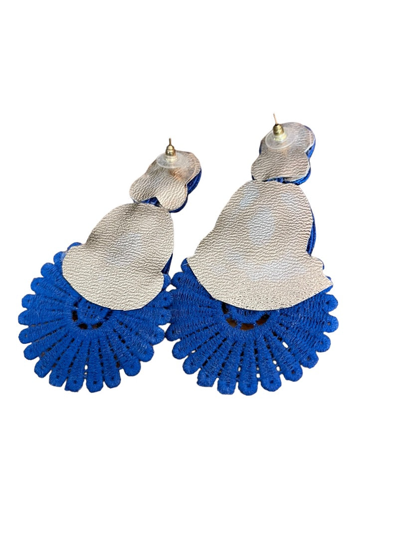 Soutache Post Pierced Statement Flat Ribbon Earrings Royal Blue 3.75"