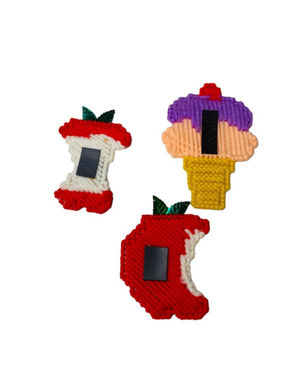 Handmade Vintage 1980s Plastic Cross Stitch Magnets Apple Ice Cream Cone Lot of 3